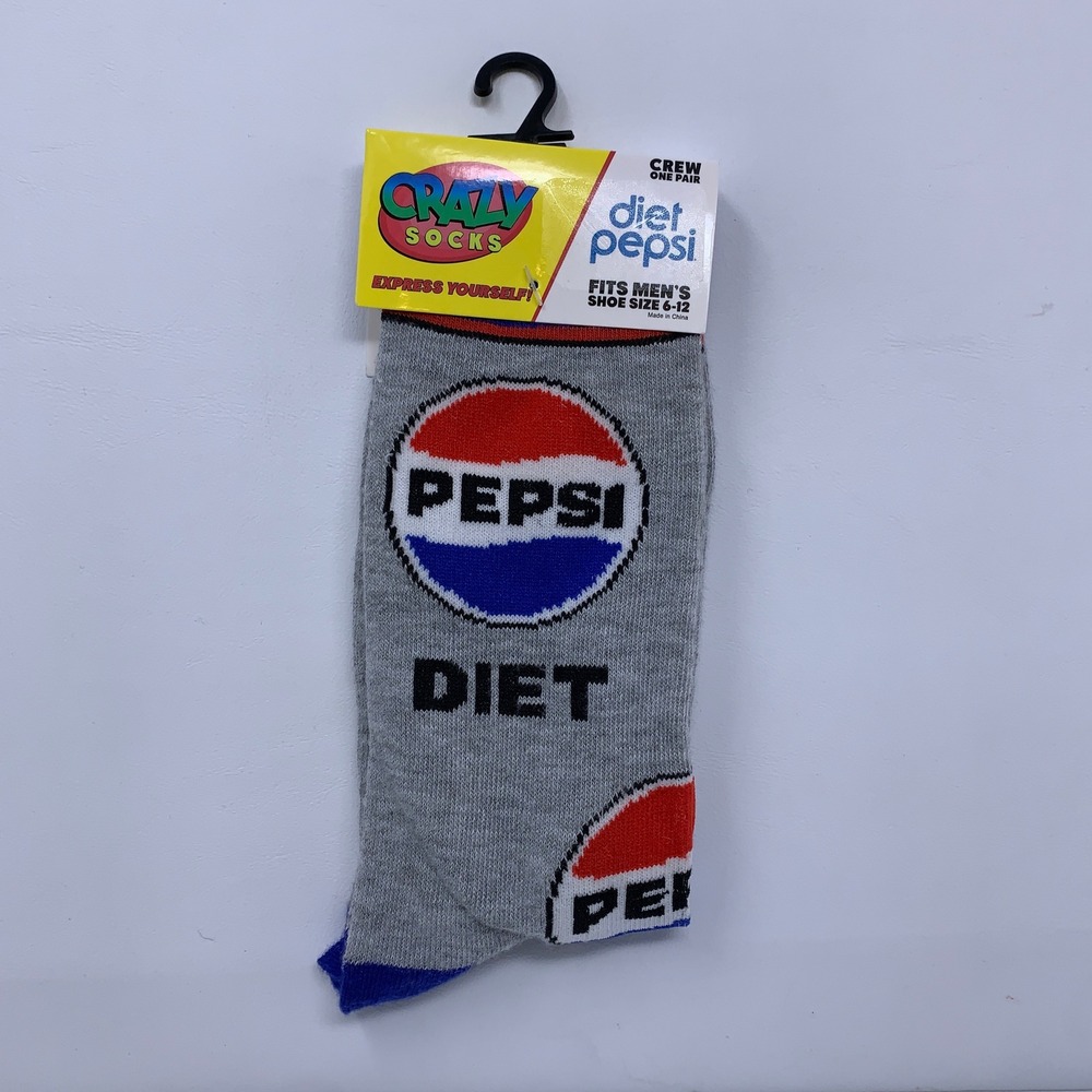 Crazy Socks Mens 6-12 Gray Diet Pepsi Logo Novelty Crew Socks NWT
